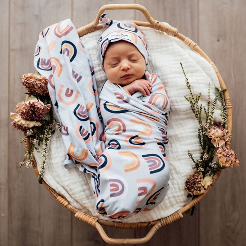 Multi-use swaddle and baby hat set - Sunset Rainbow