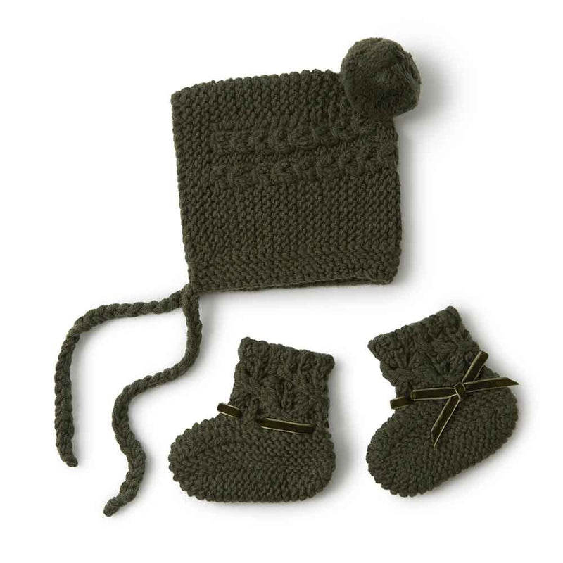 Ensemble bonnet et chaussons en merino - Olive